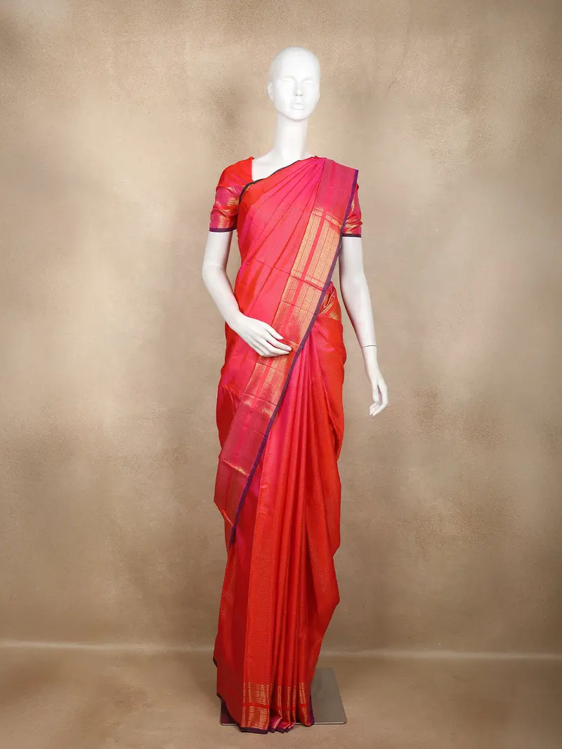 Queen Pink Stripes Woven Kanchipuram Silk Saree 1