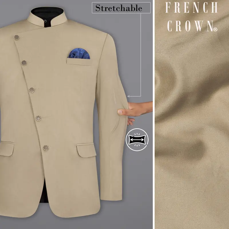Quicksand Brown Stretchable Cross Placket Bandhgala Premium Cotton Traveler Blazer 1