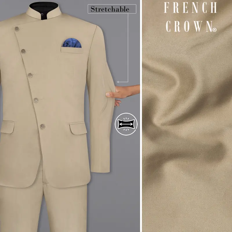 Quicksand Brown Stretchable Cross Placket Bandhgala Premium Cotton Traveler Suit 1