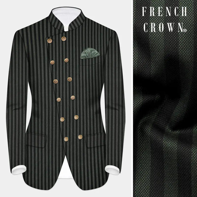 Racing Green And Jade Black Striped Wool Rich Cross Placket Bandhgala Blazer 1