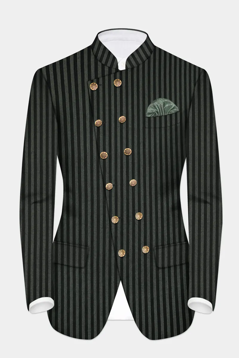 Racing Green And Jade Black Striped Wool Rich Cross Placket Bandhgala Blazer 2