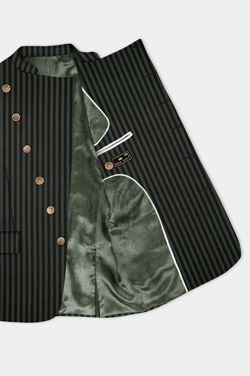 Racing Green And Jade Black Striped Wool Rich Cross Placket Bandhgala Blazer 4