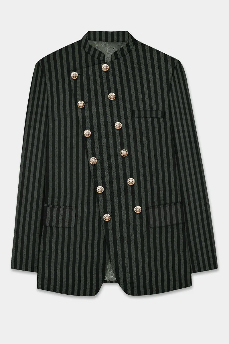 Racing Green And Jade Black Striped Wool Rich Cross Placket Bandhgala Blazer 6