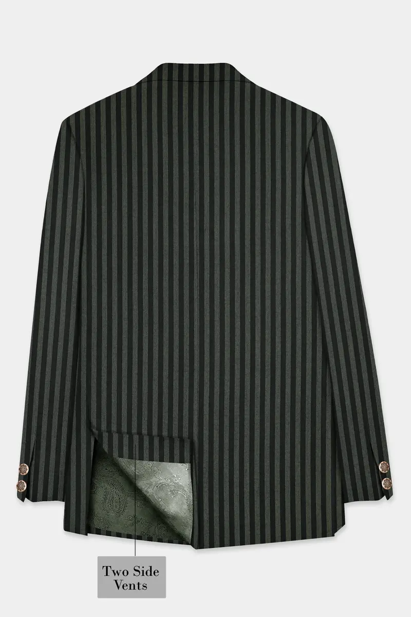 Racing Green And Jade Black Striped Wool Rich Cross Placket Bandhgala Blazer 7
