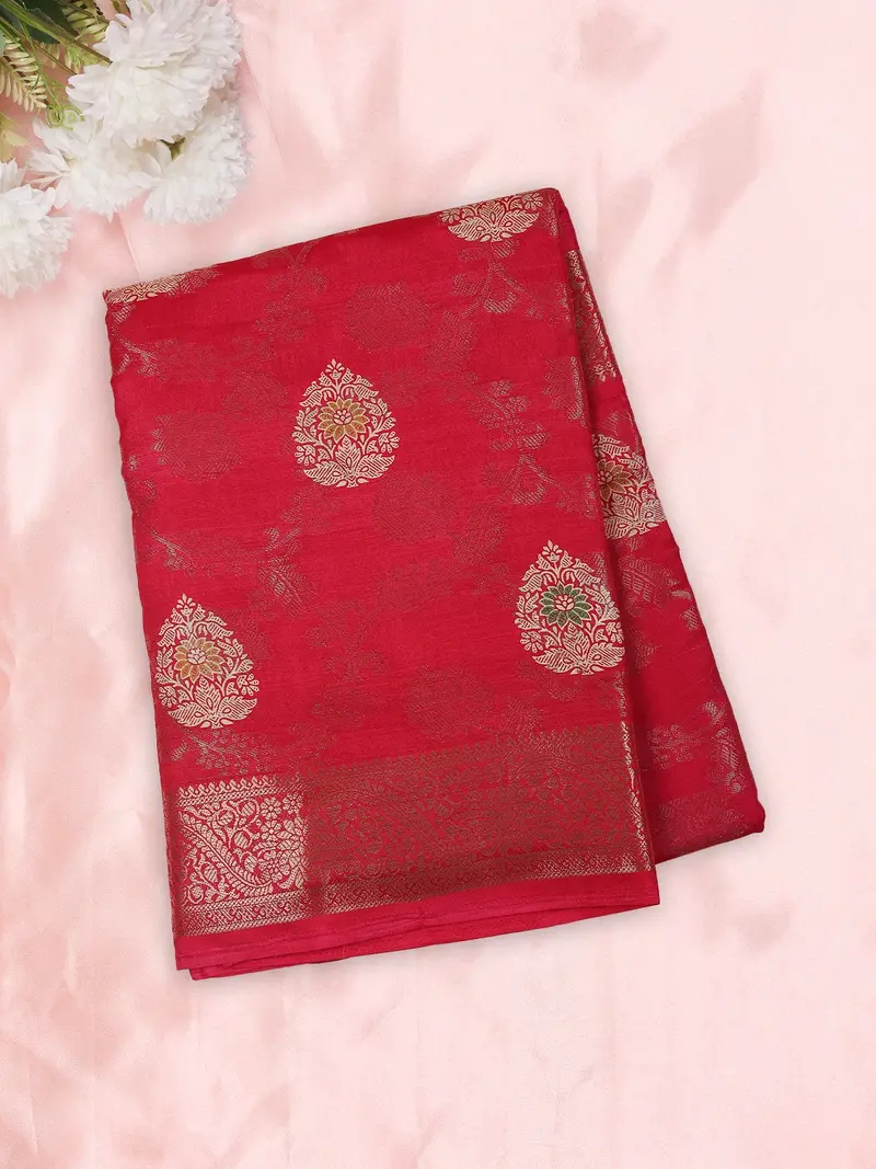 Radiant Crimson Red Butta Zari Woven Design Semi Silk Saree With Ornamental Border 1