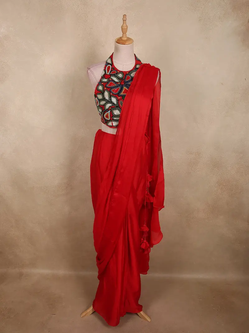 Radiant Crimson Red Solid Design Satin Ready To Wear Saree With Multicolor Beads Embellished Blouse 1