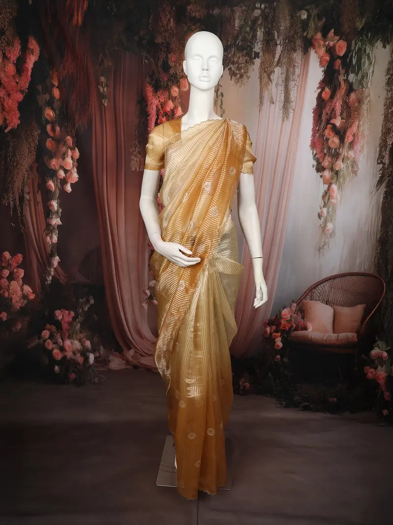 Radiant Gold Butta Embroidered Design Pure Tissue Organza Saree With Scalloped Border 1