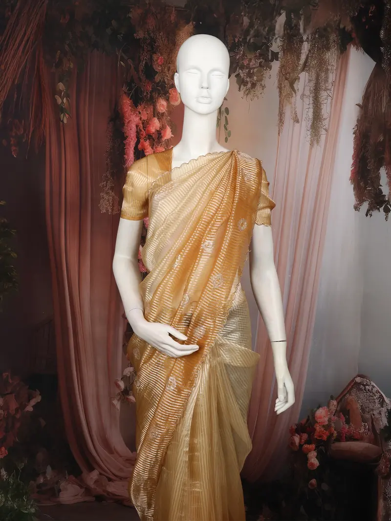 Radiant Gold Butta Embroidered Design Pure Tissue Organza Saree With Scalloped Border 2