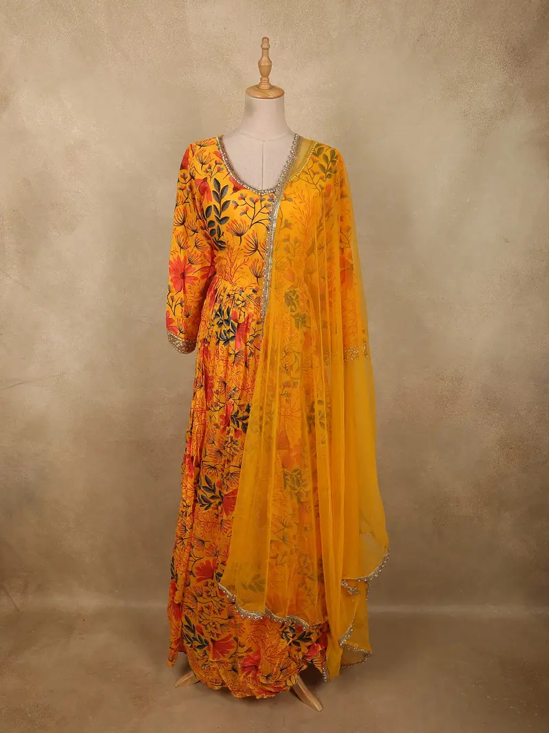 Radiant Marigold Yellow Floral Printed Design Georgette Anarkali Gown With Dupatta 1