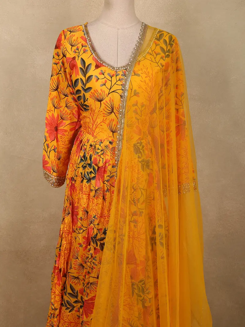 Radiant Marigold Yellow Floral Printed Design Georgette Anarkali Gown With Dupatta 2