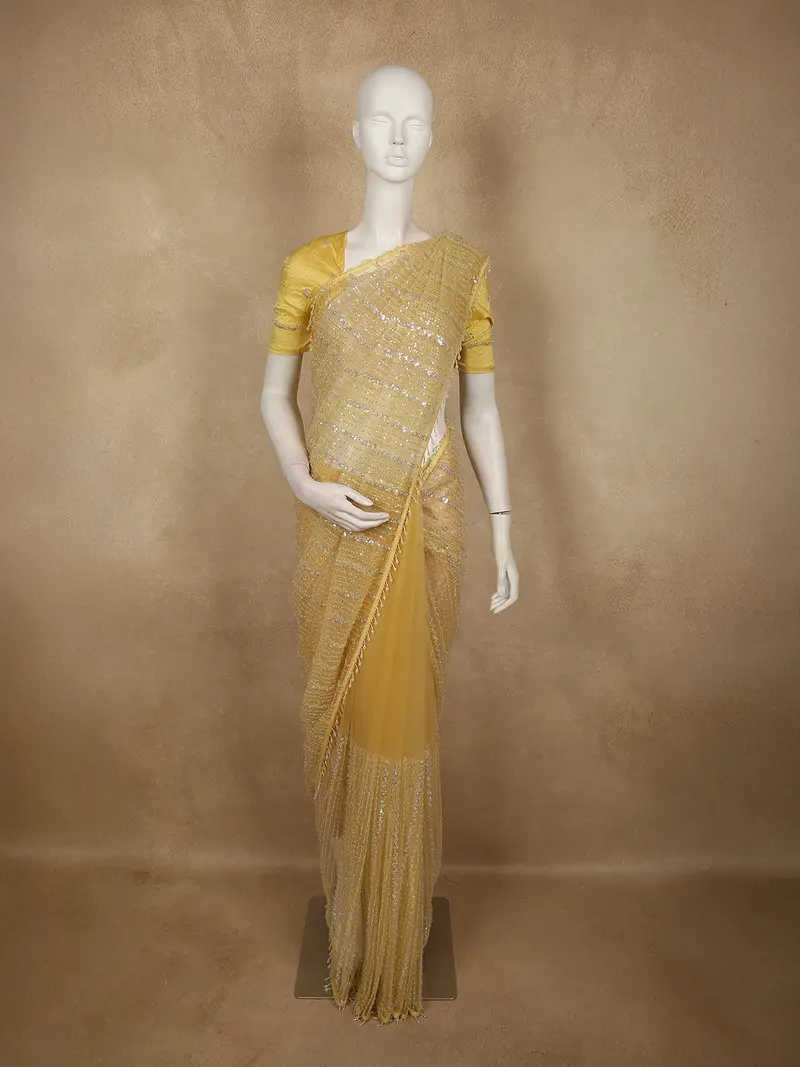 Radiant Marigold Yellow Heavy Sequins Embroidered Design Net Designer Saree With Designer Border 1