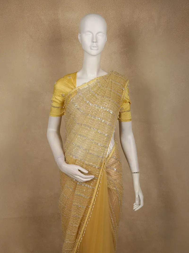 Radiant Marigold Yellow Heavy Sequins Embroidered Design Net Designer Saree With Designer Border 2