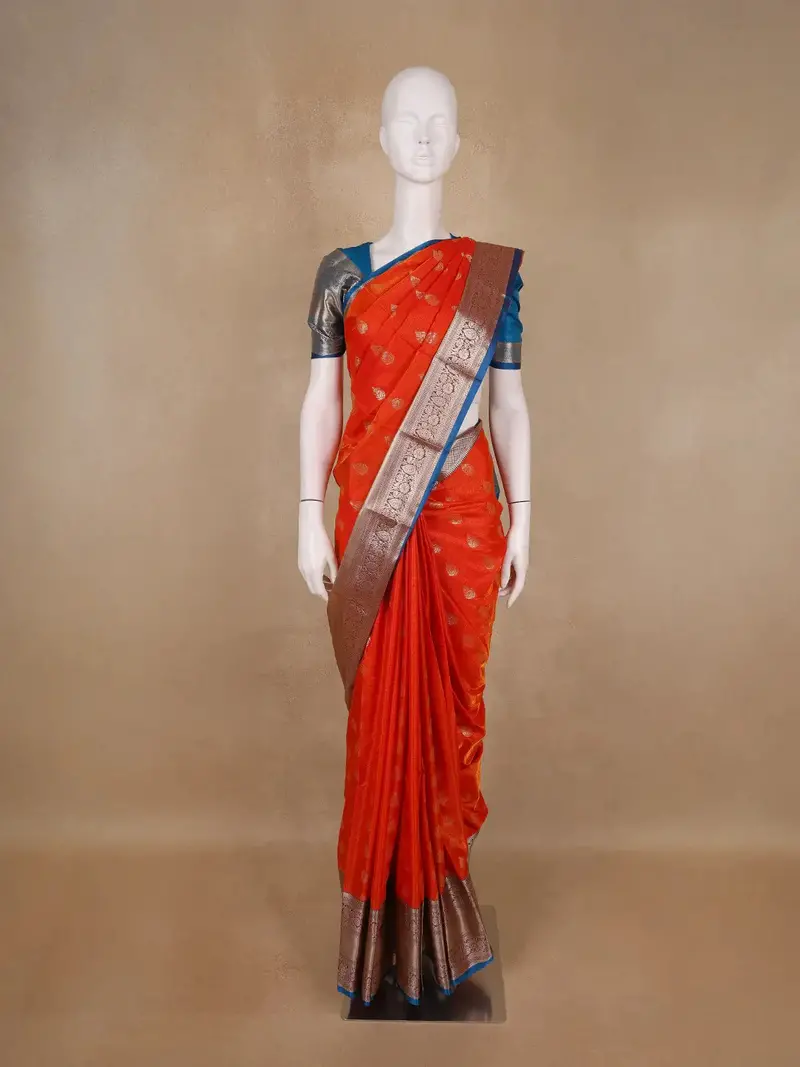 Radiant Orange Floral Motif Banarasi Silk Saree 1