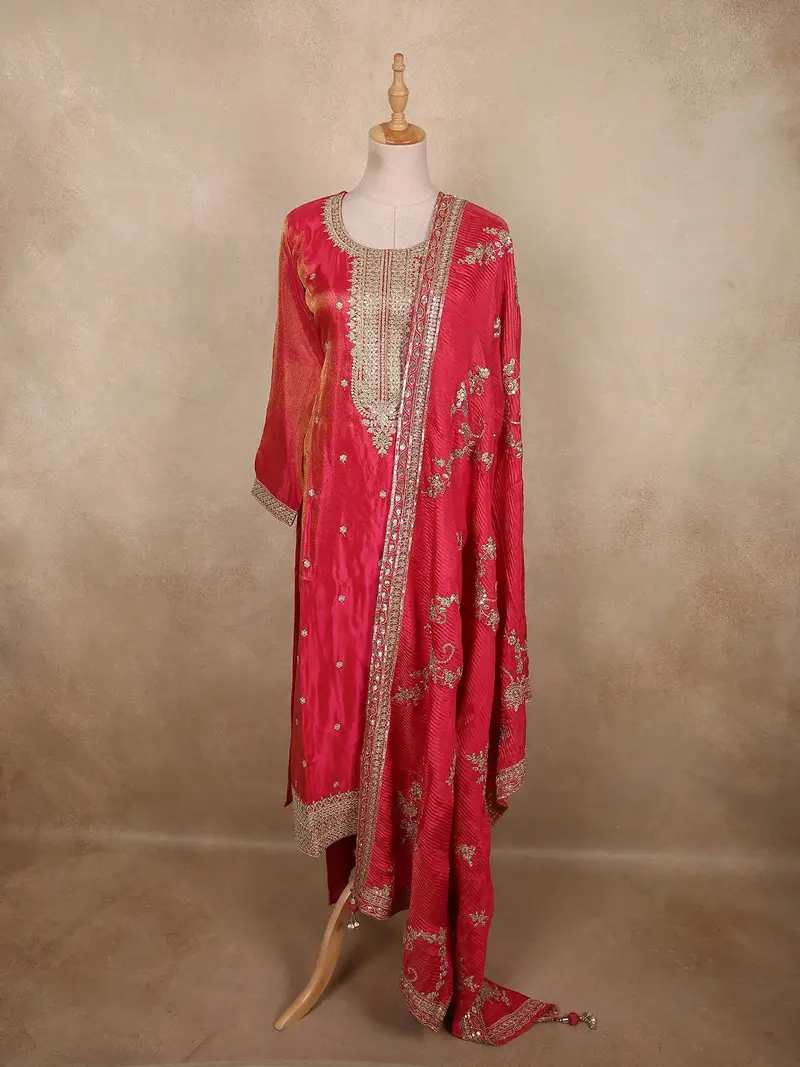 Radiant Rani Pink Floral Zari Embroidered Design Organza Straight Cut Salwar Suit 1