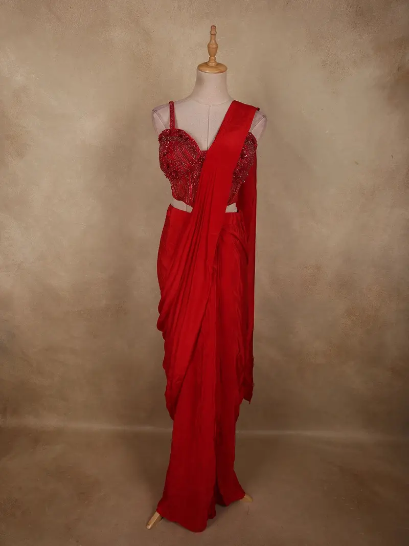 Radiant Scarlet Red Solid Design Satin Ready To Wear Draped Saree With Designer Blouse 1