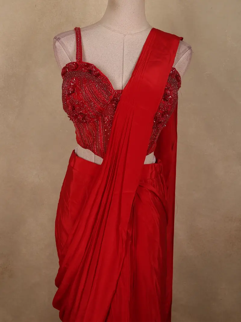 Radiant Scarlet Red Solid Design Satin Ready To Wear Draped Saree With Designer Blouse 2