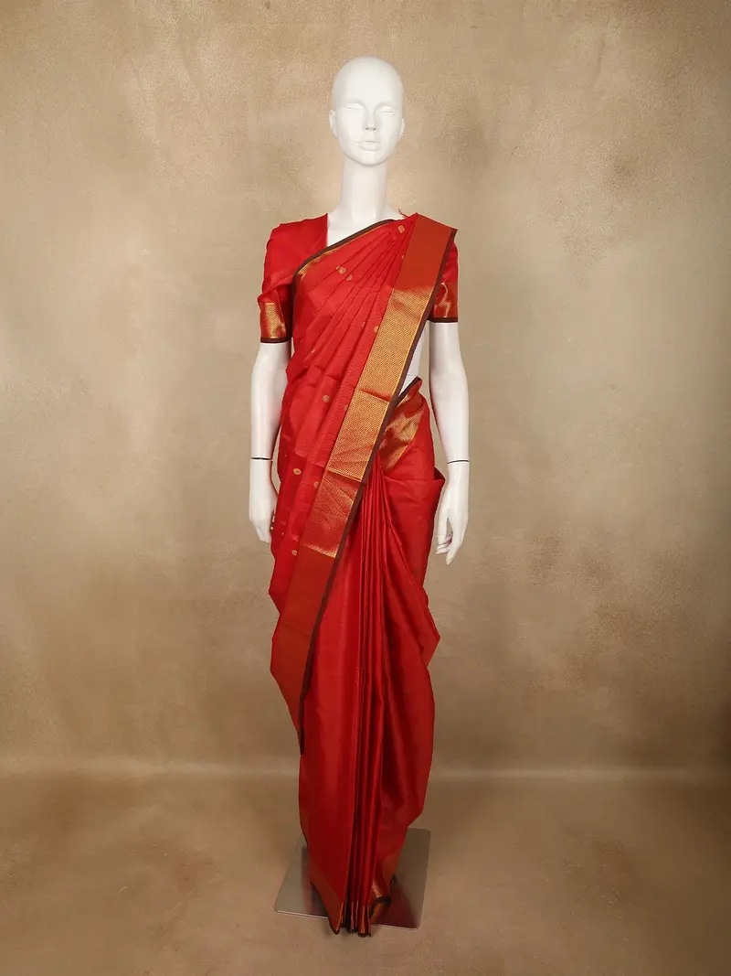 Radiant Vermilion Red Butta Zari Woven Design Pure Kanchipuram Silk Saree With Zari Border 1