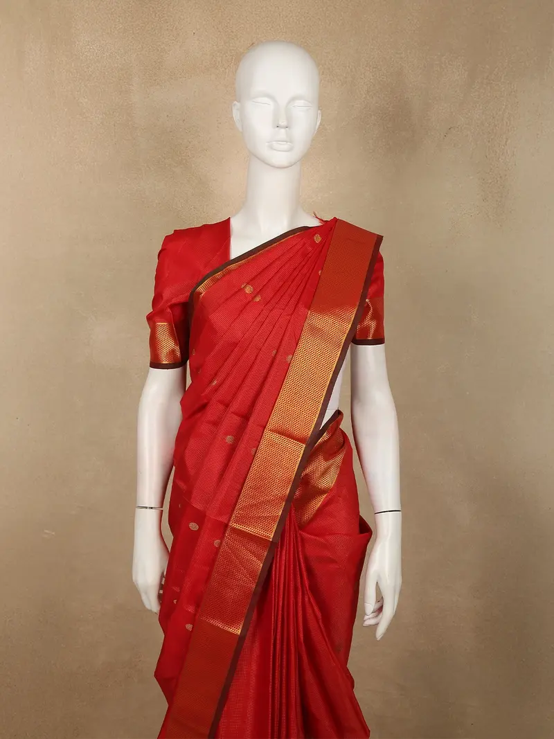 Radiant Vermilion Red Butta Zari Woven Design Pure Kanchipuram Silk Saree With Zari Border 2