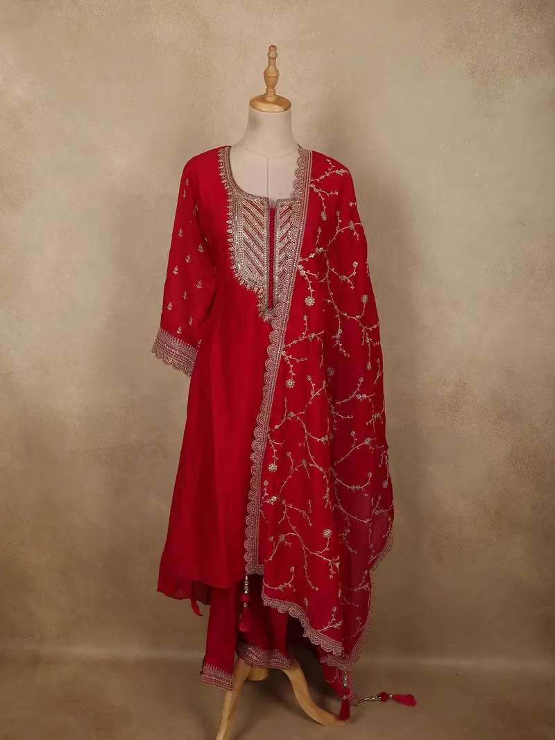 Radiant Vermilion Red Sequins Embroidered Design Semi Silk Salwar Suit With Designer Dupatta 1