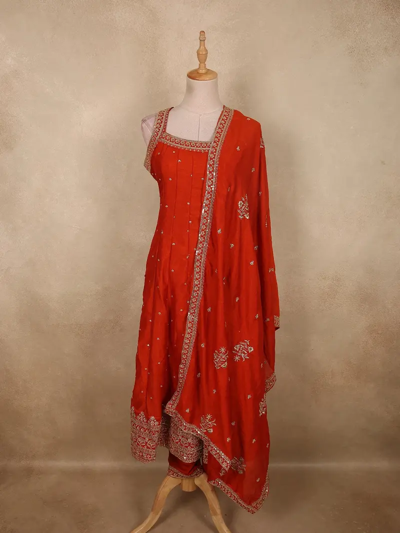 Radiant Vermilion Red Sequins Embroidered Design Silk Anarkali Salwar Suit With Dupatta 1