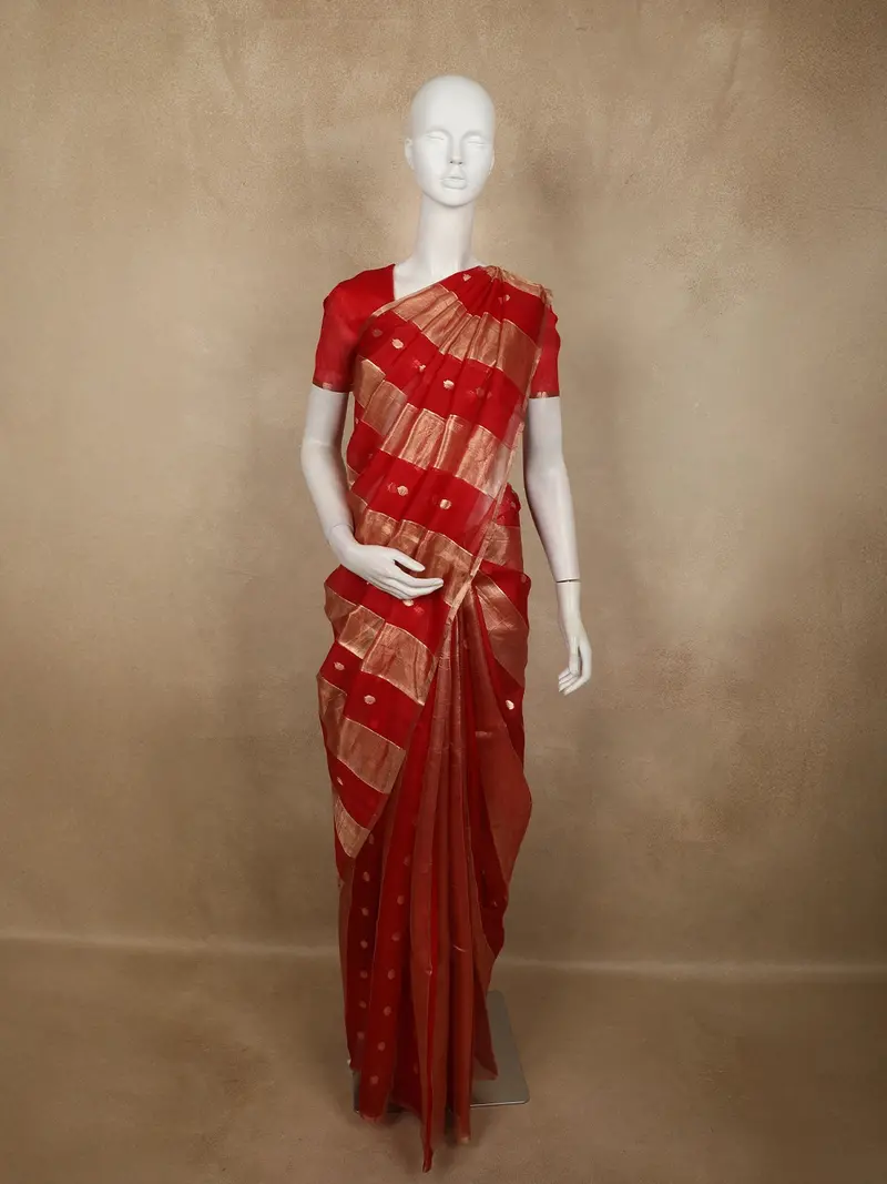 Radiant Vermilion Red Striped Zari Woven Design Pure Organza Saree With Zari Border 1