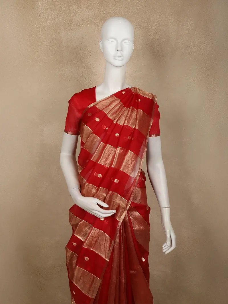 Radiant Vermilion Red Striped Zari Woven Design Pure Organza Saree With Zari Border 2