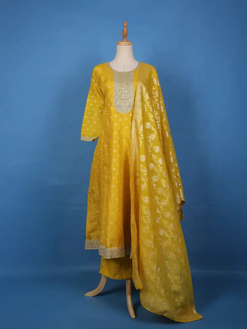Radiant Yellow Floral Design Sequin Work Georgette Salwar Suit 1