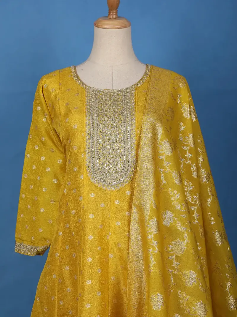 Radiant Yellow Floral Design Sequin Work Georgette Salwar Suit 2