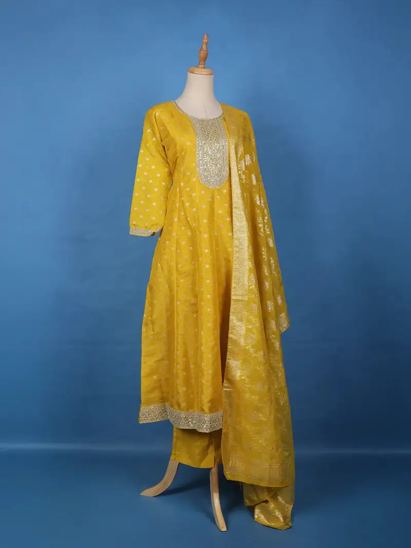 Radiant Yellow Floral Design Sequin Work Georgette Salwar Suit 4