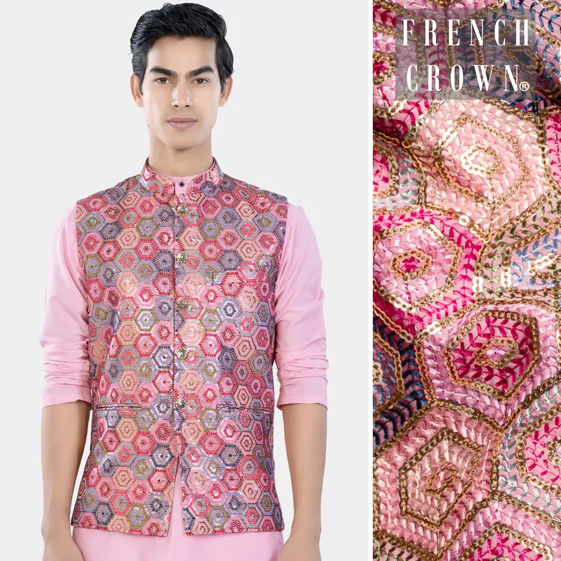Radical Pink And Rhino Blue Multicolour Honeycomb Sequin And Thread Embroidered Designer Nehru Jacket 1