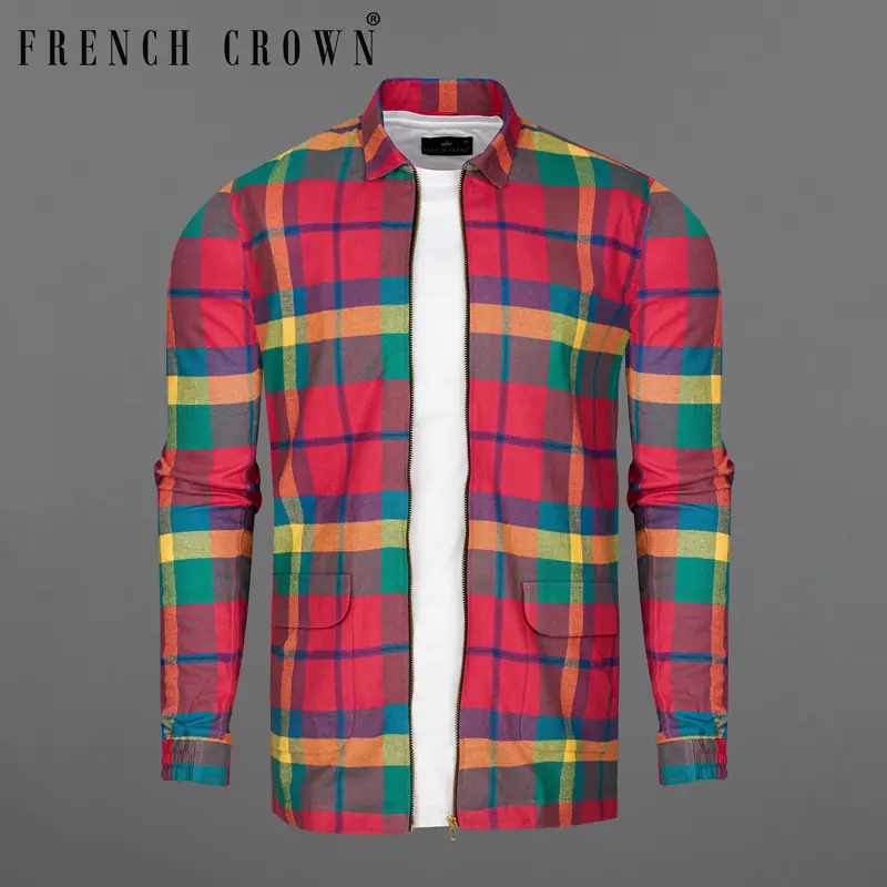 Radical Pink Multicolour Checkered Flannel Designer Overshirt/Shacket With Zipper Closure 1