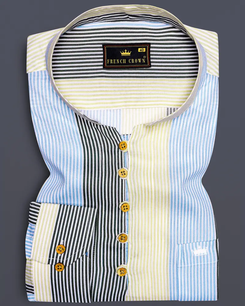 Raffia Beige With Botticelli Blue And Asparagus Green Pinstriped Tencel Premium Cotton Kurta Shirt 1
