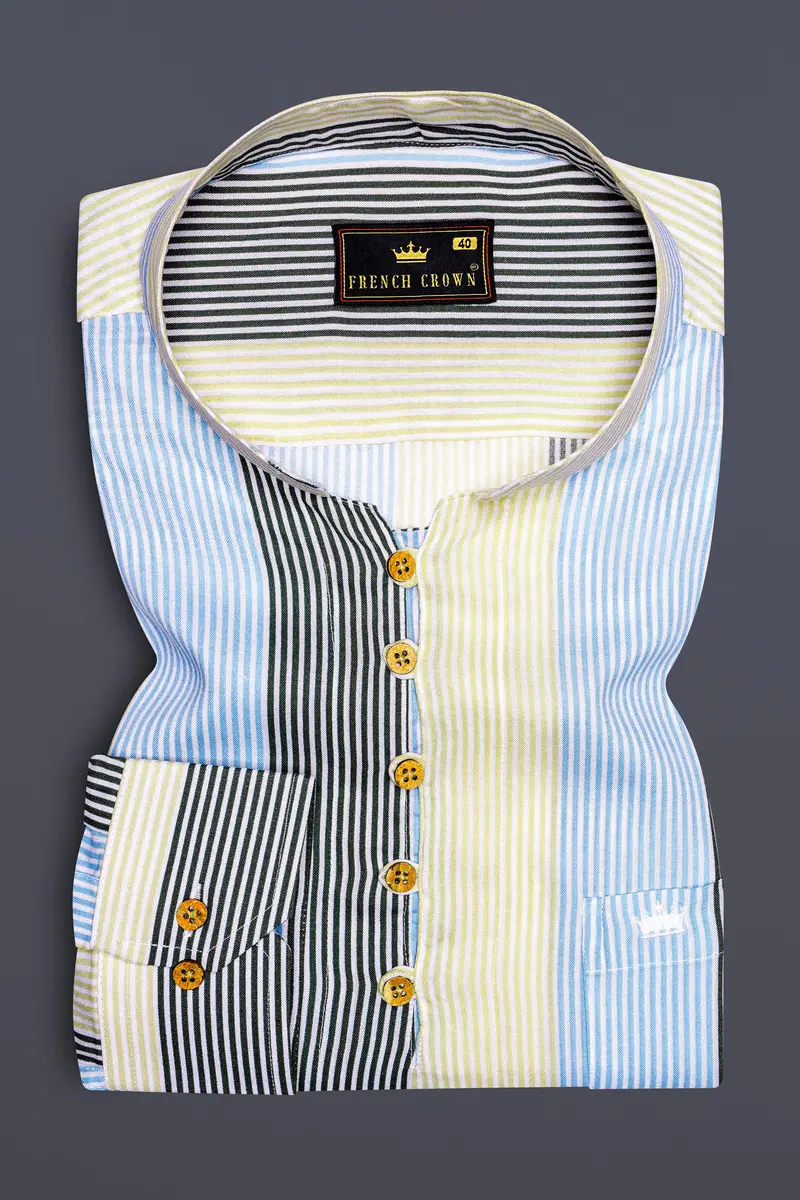 Raffia Beige With Botticelli Blue And Asparagus Green Pinstriped Tencel Premium Cotton Kurta Shirt 2