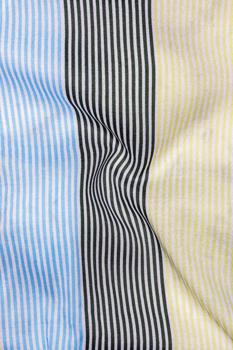 Raffia Beige With Botticelli Blue And Asparagus Green Pinstriped Tencel Premium Cotton Kurta Shirt 3