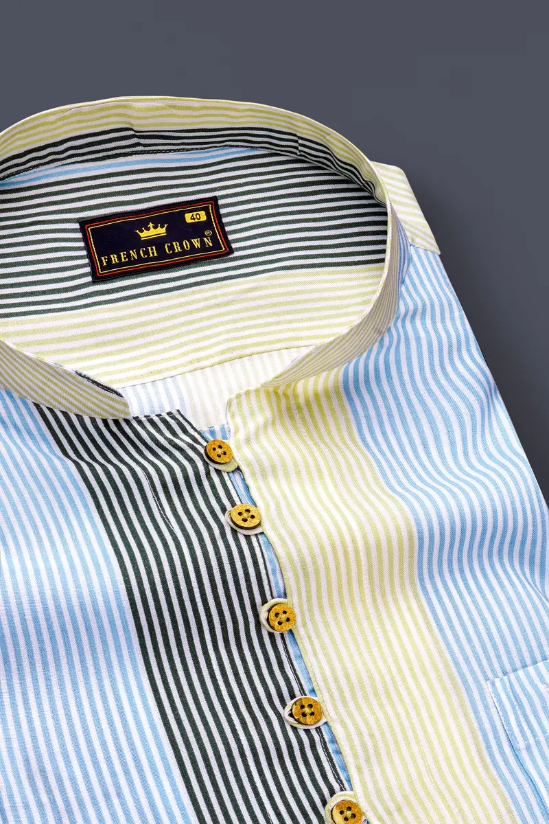 Raffia Beige With Botticelli Blue And Asparagus Green Pinstriped Tencel Premium Cotton Kurta Shirt 4