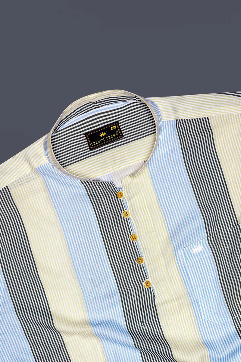 Raffia Beige With Botticelli Blue And Asparagus Green Pinstriped Tencel Premium Cotton Kurta Shirt 5