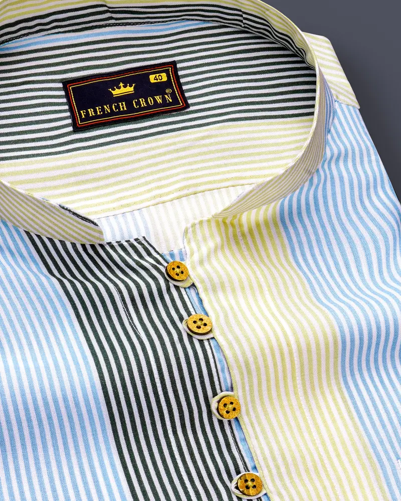 Raffia Beige With Botticelli Blue And Asparagus Green Pinstriped Tencel Premium Cotton Kurta Shirt 6