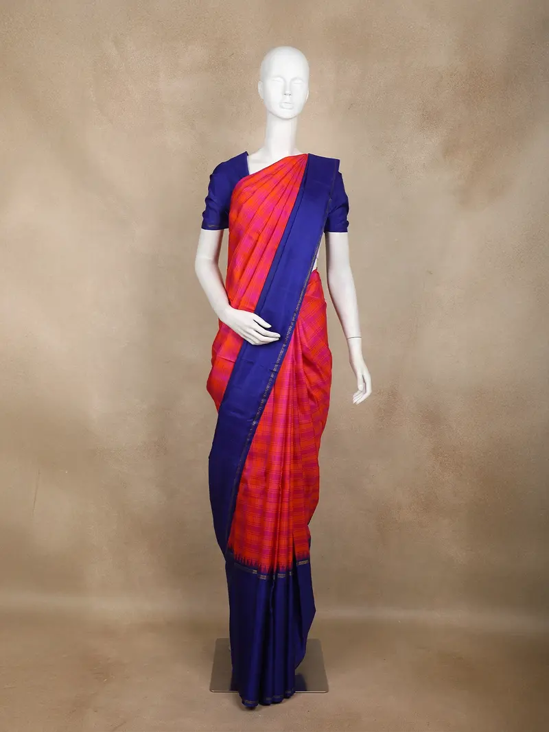 Rani Pink And Orange Checked Woven Kanchipuram Silk Saree With Royal Blue Zari Border 1