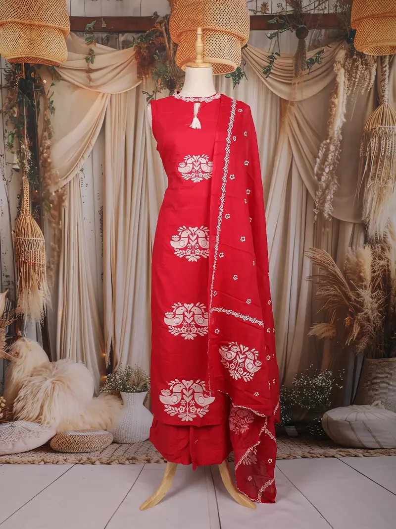 Rani Pink Birds Printed Design Cotton Straight Cut Salwar Suit With Dupatta 1