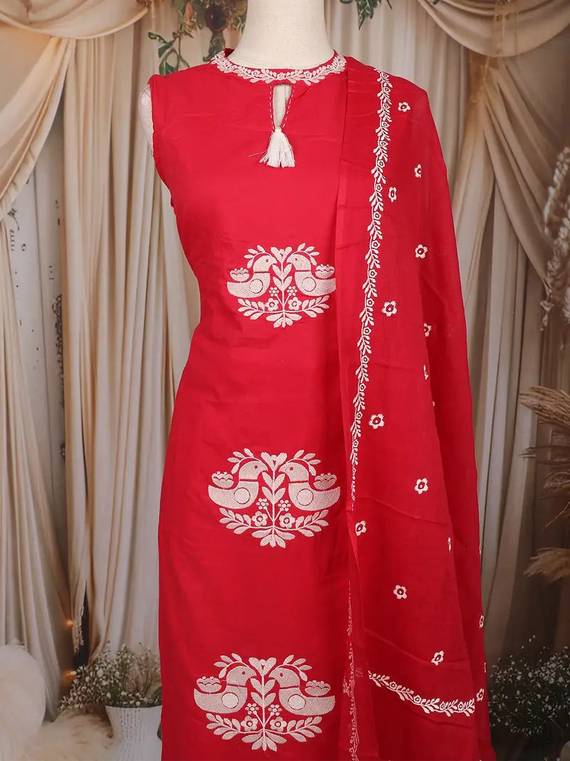 Rani Pink Birds Printed Design Cotton Straight Cut Salwar Suit With Dupatta 2