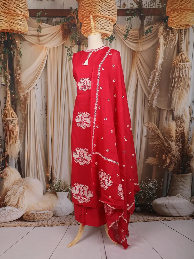 Rani Pink Birds Printed Design Cotton Straight Cut Salwar Suit With Dupatta 3