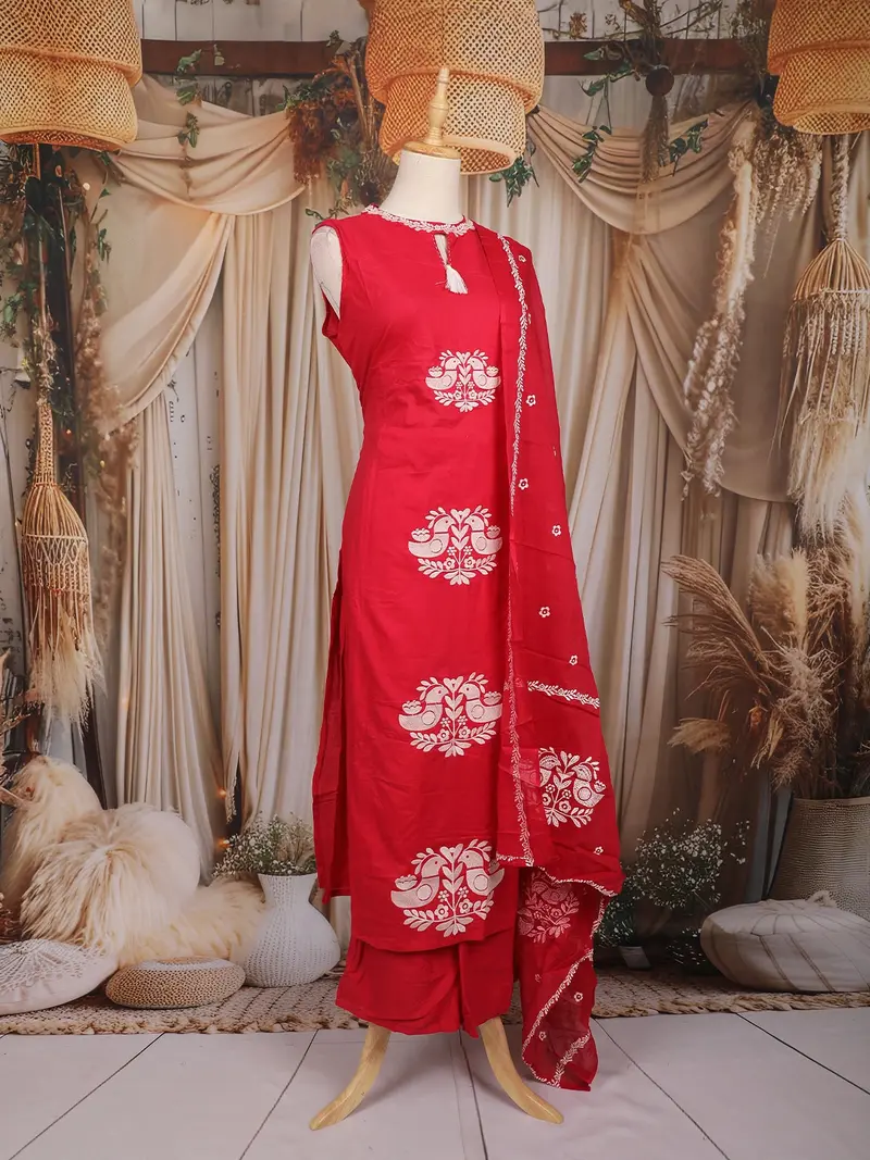 Rani Pink Birds Printed Design Cotton Straight Cut Salwar Suit With Dupatta 4