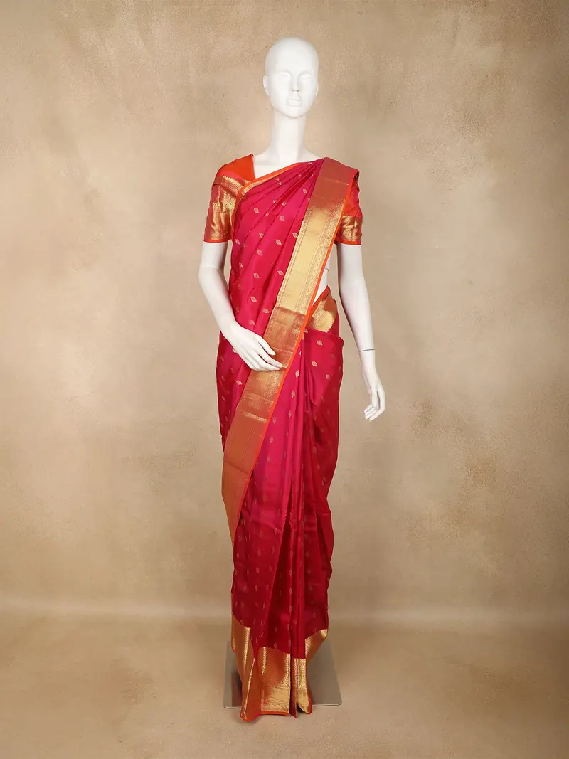 Rani Pink Butta Woven Design Kanchipuram Silk Saree With Contrast Gold Zari Border 1