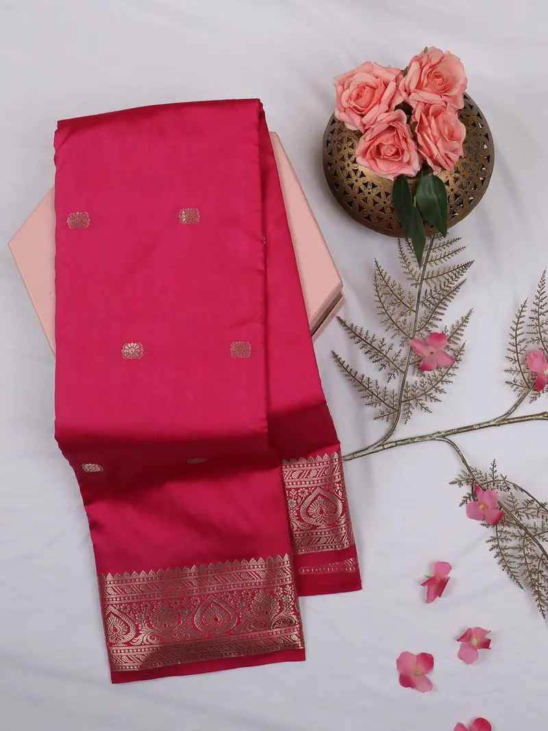 Rani Pink Butta Woven Design Soft Silk Saree With Silver Zari Floral Border 1