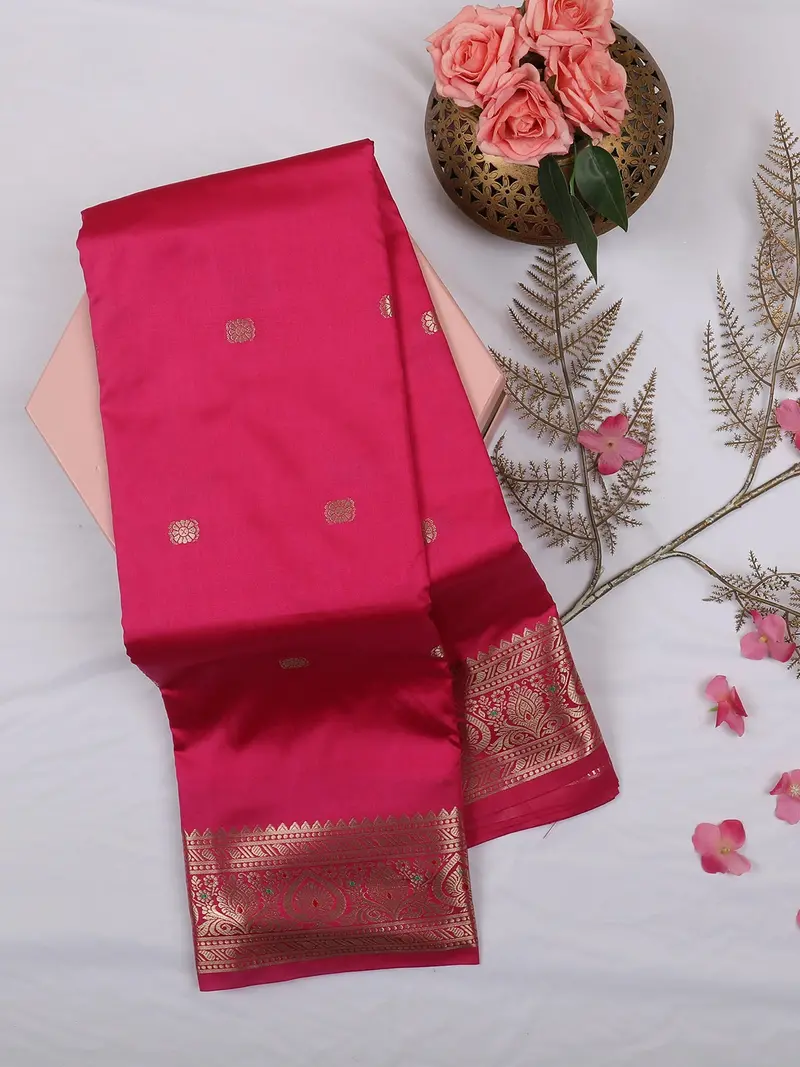 Rani Pink Butta Woven Design Soft Silk Saree With Silver Zari Floral Border 1