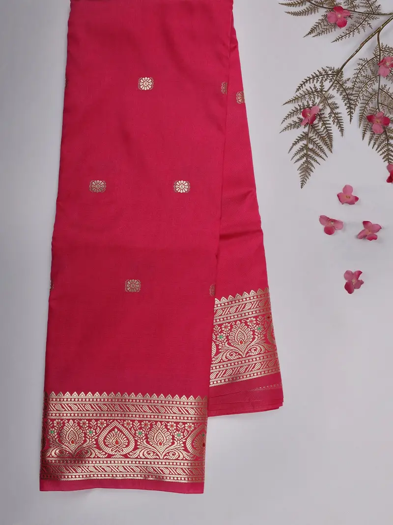 Rani Pink Butta Woven Design Soft Silk Saree With Silver Zari Floral Border 2