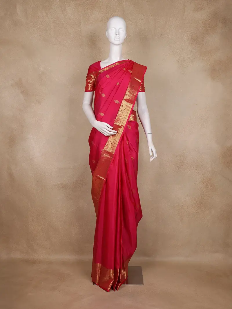 Rani Pink Butta Woven Kanchipuram Silk Saree With Rich Zari Border 1