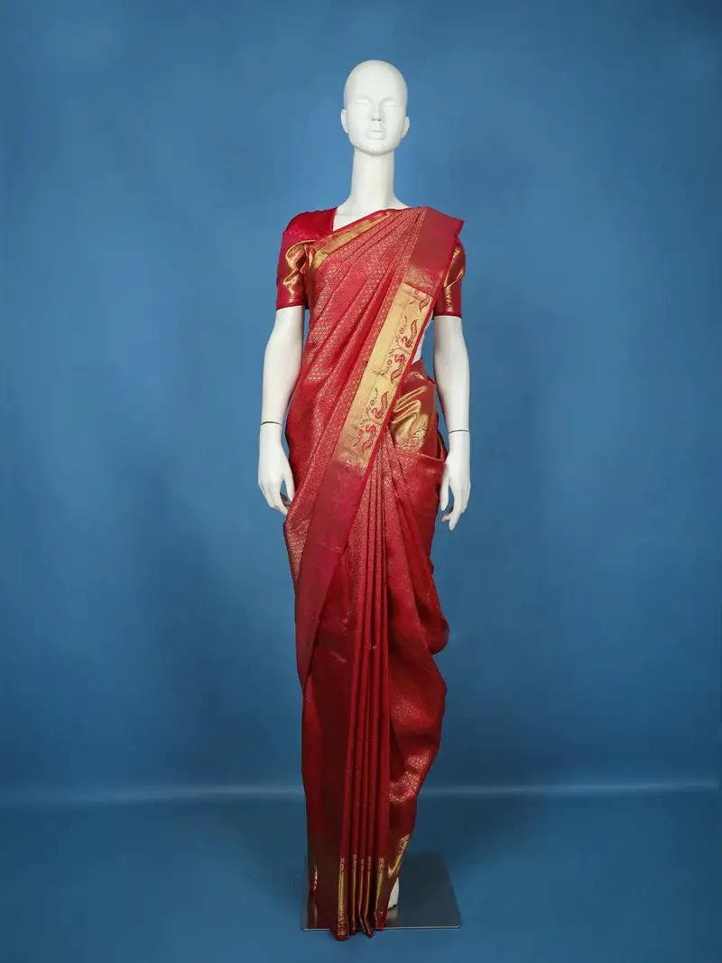 Rani Pink Diamond Butta Woven Pure Kanchipuram Silk Saree With Golden Zari Border 1