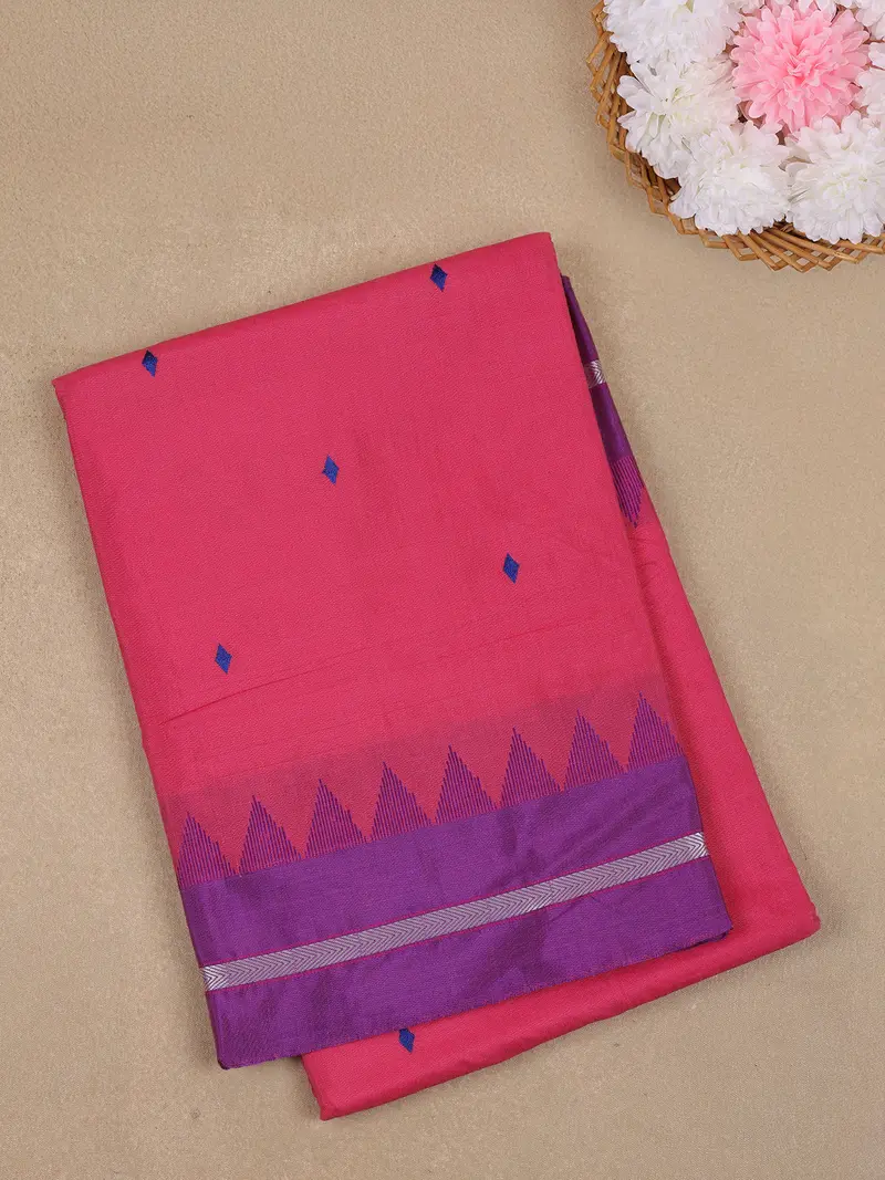 Rani Pink Diamond Motif Design Cotton Saree With Contrast Purple Temple Border 1