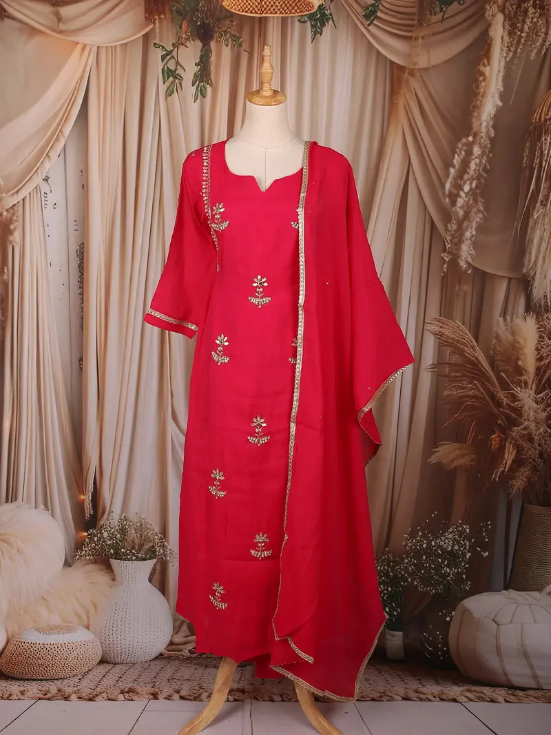 Rani Pink Floral Beads Embroidered Cotton Salwar With Dupatta 1